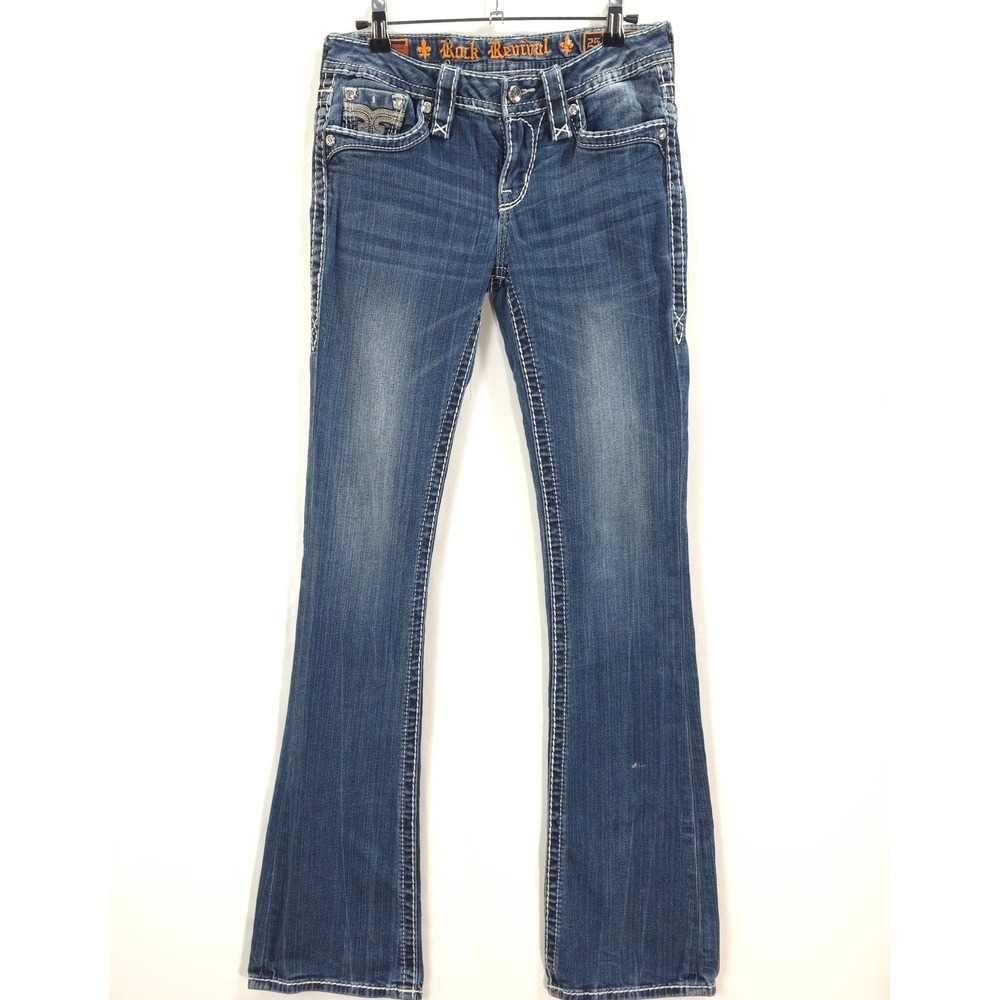 Rock Revival Yuiβ Bootcut Jeans Women 25 Rhinestone Fleur De Lis Blue Y2K Boho